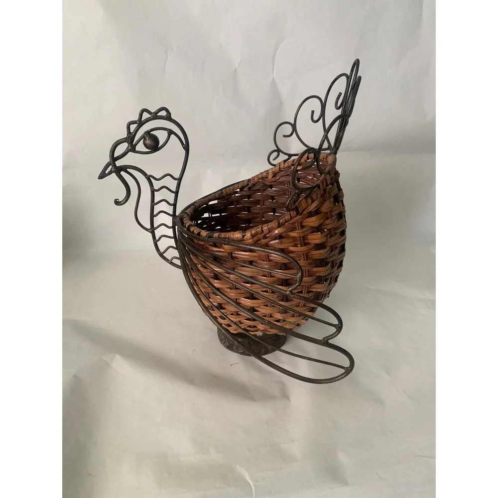 Woven Rattan Metal Turkey Decorative Basket Brown Fall Farmhouse Thanksgiving